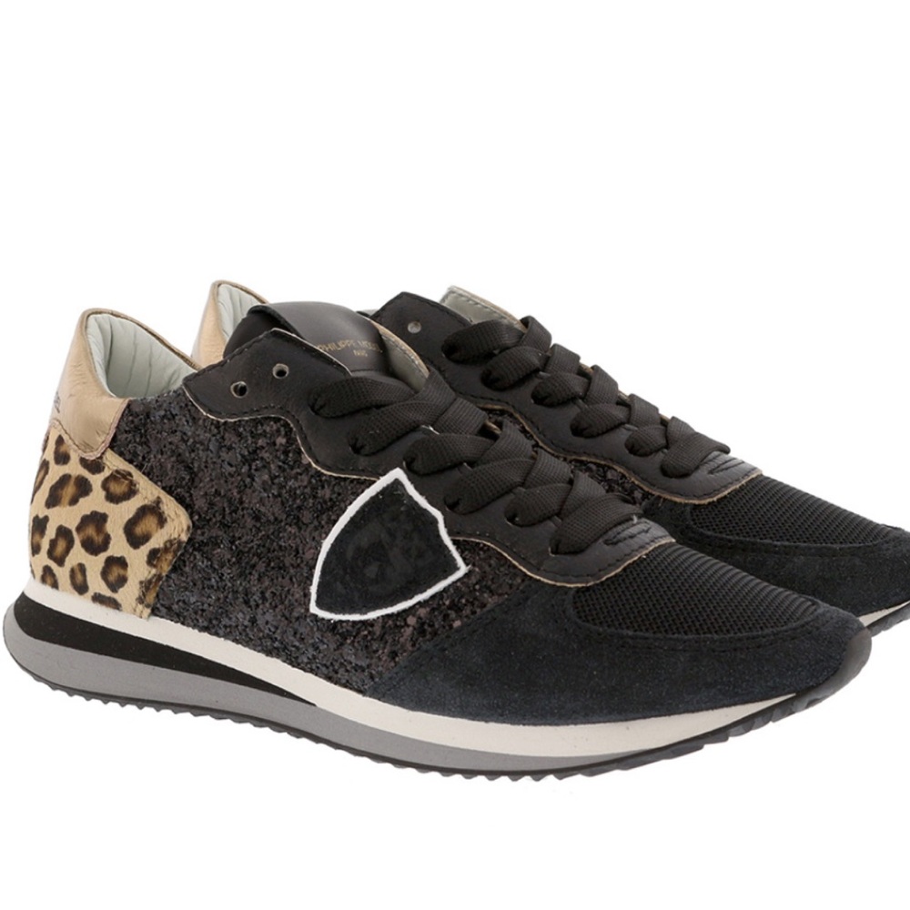 Philippe Model Black and Tan Sneakers with Leopard Print